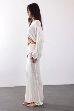 Ekru Crop Bluz Etek Merserize Takım 030