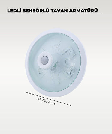 18W Ledli Sensörlü Tavan Armatürü 6500K Beyaz Işık -  Cam / Metal