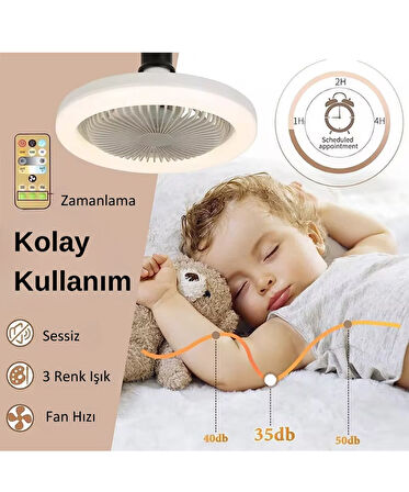 30W Fanlı Led Ampul / 3 Renk Işık / 3 Hız Fanlı Beyaz Kasa  - Kumandalı ve Koku Hazneli