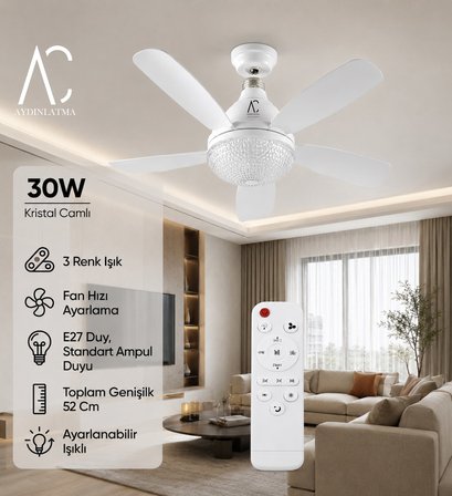 30W Kristal Camlı Tavan Vantilatörü | E27 Duy | Kumandalı | 3 Renk Ayarlanabilir LED | 52 cm Beyaz
