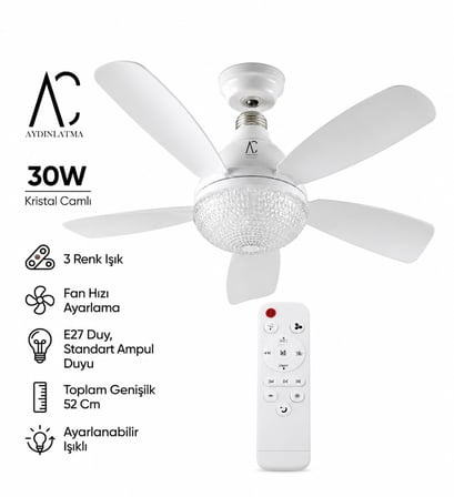 30W Kristal Camlı Tavan Vantilatörü | E27 Duy | Kumandalı | 3 Renk Ayarlanabilir LED | 52 cm Beyaz
