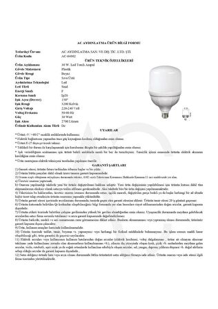 30W Torch Led Ampul 3200K (Amber Işık)