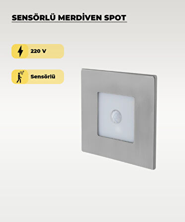 3W Krom Kare Sensörlü Sıva Altı Merdiven Spot 3200K (Sarı Işık)