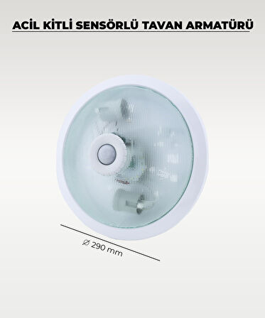 Acil Kitli Pilli 2 x E27 Duylu Sensörlü Tavan Armatürü - Cam / Metal