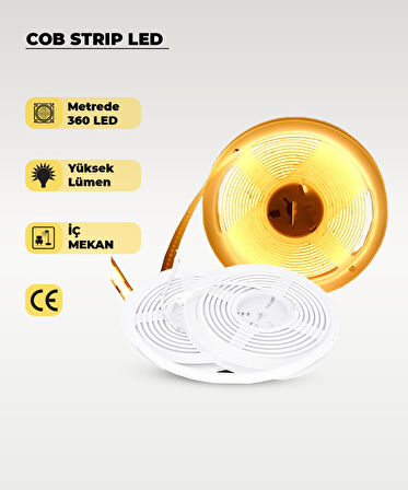 12V COB Şerit Led 3200K Sarı Işık  - Metrede 360 Led - 5 Metre