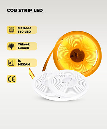 12V COB Şerit Led Amber Işık  - Metrede 360 Led - 5 Metre