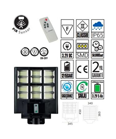 600W Solar Sokak Aydınlatması 6500K (Beyaz Işık)