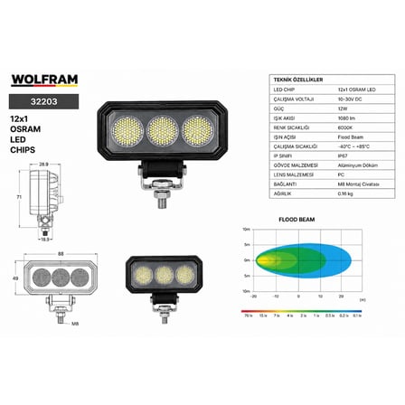 Wolfram 32203 Çalışma Lamba Wolfram Dikdörtgen Midi 9-32V