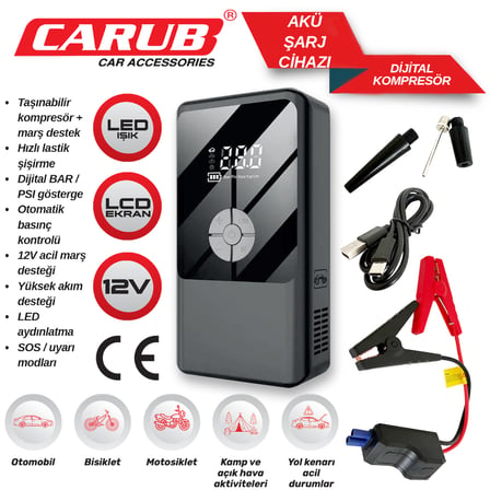 Carub 0470350 Akü Takviye Cihazı ve Dijital Taşınabilir Hava Kompresörü 12V Akü Takviyeli LED Işıklı