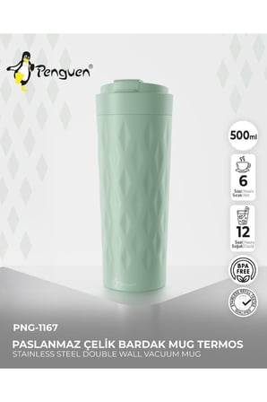 PNG-1167 500ml Flip Kapak Desenli Çelik Mug | 6 Saat Sıcak 12 Saat Soğuk | Sızdırmaz & BPA Free