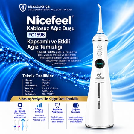 NPO Nicefeel FC1596 Taşınabilir,Şarjlı,Masajlı,Diş Teli/Protez Bakım Profesyonel Ağız Duşu-Beyaz