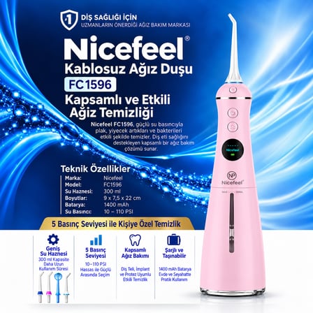 NPO Nicefeel FC1596 Taşınabilir,Şarjlı,Masajlı,Diş Teli/Protez Bakım Profesyonel Ağız Duşu-Pembe