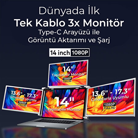 NPO NPM680 14" FHD 1080p IPS Type-C Taşınabilir Dizüstü 3'lü Monitör Çoklayıcı Notebook Monitör