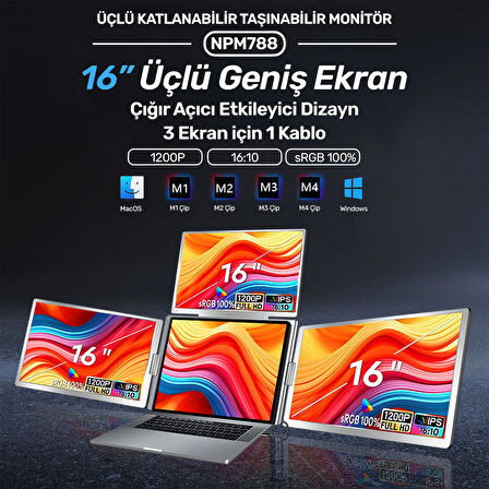 NPO NPM788 16" FHD 1200p IPS Type-C Taşınabilir 3'lü Monitör Çoklayıcı Standlı Notebook Monitör