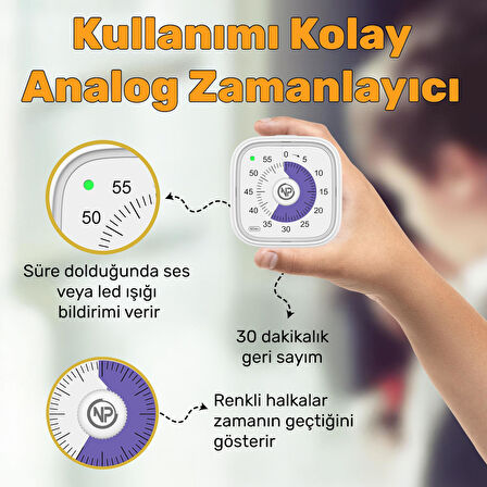NPO NPT31B Mutfak,Ders,Yemek için 60dk Analog Alarm Zamanlayıcı,Pomodoro Öğrenci Motivasyon Saati