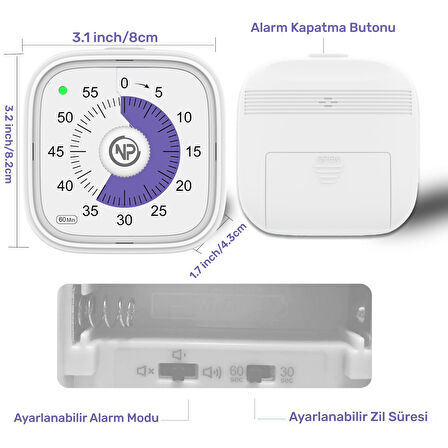 NPO NPT31B Mutfak,Ders,Yemek için 60dk Analog Alarm Zamanlayıcı,Pomodoro Öğrenci Motivasyon Saati