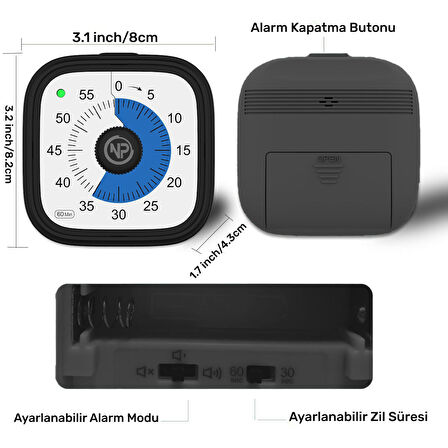 NPO NPT31S Mutfak,Ders,Yemek için 60dk Analog Alarm Zamanlayıcı,Pomodoro Öğrenci Motivasyon Saati