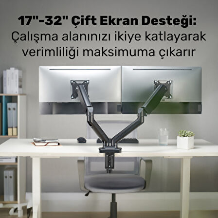 NPO STD46024E Airgrip 17"-32" Ergonomik 360° Amortisörlü VESA Çift Kol Monitör Tutucu