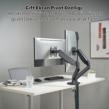 NPO STD46024E Airgrip 17"-32" Ergonomik 360° Amortisörlü VESA Çift Kol Monitör Tutucu