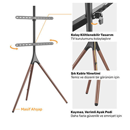 NPO STD1246F 45"-65" VESA Uyumlu Ahşap Ayaklı 360° Dönebilen Dekoratif Taşınabilir TV Standı