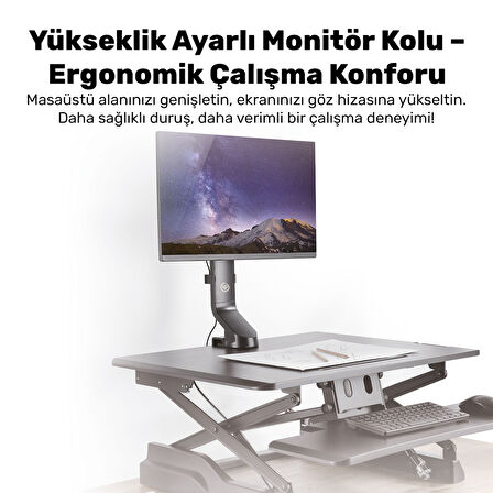 NPO STD2101B 17"-32" VESA Uyumlu 180° Yükseklik Ayarlı Kablo Yönetimli Tekli Monitör Standı
