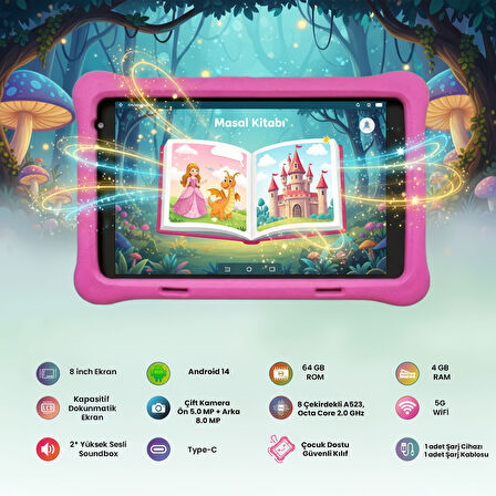 NPO NPK01Pro 8" 1280x800 IPS Ekran 4GB 64GB Android14 A523 2.0GHz Antişok Kılıf Çocuk Tableti Pembe
