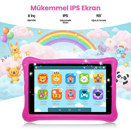 NPO NPK01Pro 8" 1280x800 IPS Ekran 4GB 64GB Android14 A523 2.0GHz Antişok Kılıf Çocuk Tableti Pembe
