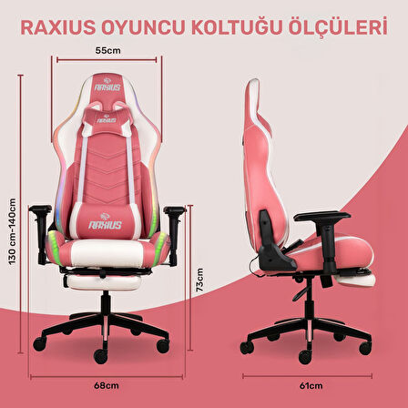 RaXius GC3001PW Masajlı,RGB,4D Kolçaklı,Ayak Destekli Oyuncu Koltuğu, Pembe- Beyaz 