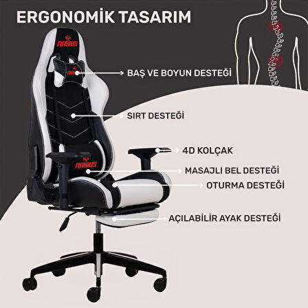 RaXius GC3001BW Masajlı,RGB,4D Kolçaklı,Ayak Destekli Oyuncu Koltuğu, Siyah- Beyaz