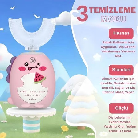 NPO 208 Şarjlı Ultrasonik 3 Modlu U Dizayn Çocuk Diş Fırçası - Pembe