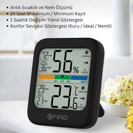 NPO NPT33AS Dijital İç Mekan Termometresi ve Nem Ölçer, Geniş Ekranlı, Konfor Göstergeli, Siyah