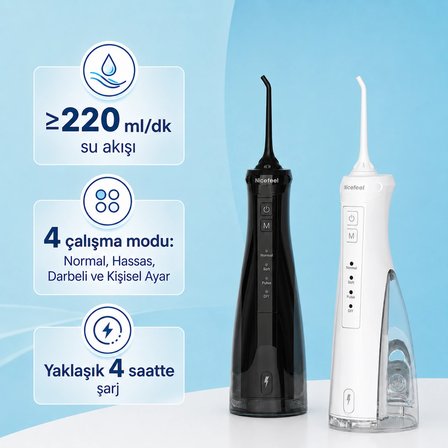  NPO Nicefeel FC5610 Şarjlı Taşınabilir Ağız Duşu 4 Modlu 280 ml IPX7 Diş Teli ve Protez Bakımı Siyah  