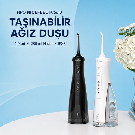  NPO Nicefeel FC5610 Şarjlı Taşınabilir Ağız Duşu 4 Modlu 280 ml IPX7 Diş Teli ve Protez Bakımı Siyah  