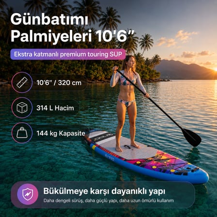 NPO Sunset Palm 305x81x15cm Şişme Premium SUP Paddle Board 148kg Kürek Pompa Çanta Koltuklu Full Set