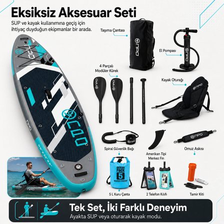 NPO Aqua Gray 350x84x15cm Şişme Military SUP Paddle Board 196kg Kürek Pompa Çanta Koltuklu Full Set