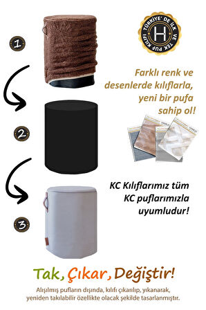 Yıkanabilir Puf Tabure Kılıfı Tak-Çıkar-Değiştir-Yenile Orta Sehpa Kılıfı Kc Teddy Kahve