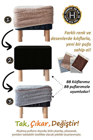 Yıkanabilir Puf Tabure Kılıfı Tak-Çıkar-Değiştir-Yenile Orta Sehpa Kılıfı Bb Teddy Bej
