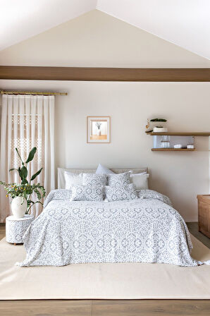 İskandinav Yatak Örtüsü Seti Çift Kişilik Set Bohem Punch Panç Desen Motif Gri