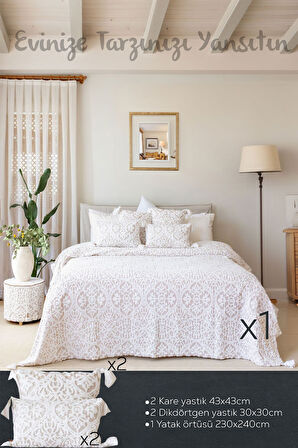 İskandinav Yatak Örtüsü Seti Çift Kişilik Set Bohem Punch Panç Desen Motif Bej