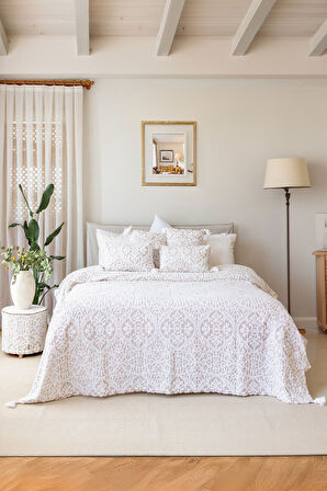 İskandinav Yatak Örtüsü Seti Çift Kişilik Set Bohem Punch Panç Desen Motif Bej