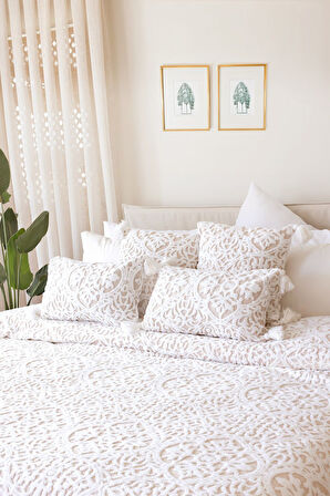 İskandinav Yatak Örtüsü Seti Çift Kişilik Set Bohem Punch Panç Desen Motif Bej