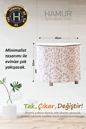 Yıkanabilir Kılıflı Puf Köşegen İskandinav Bohem Punch  Orta Sehpa Koltuk Tabure Motif Bej