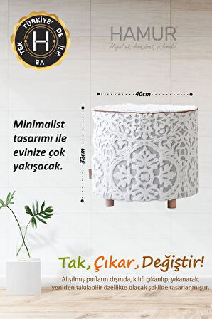 Yıkanabilir Kılıflı Puf Köşegen İskandinav Bohem Punch  Orta Sehpa Koltuk Tabure Motif Gri