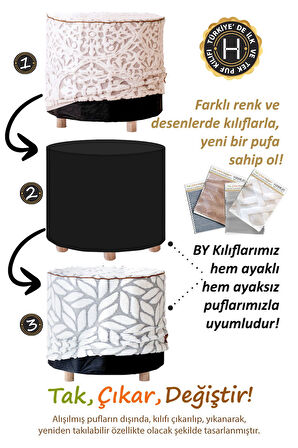 Yıkanabilir Kılıflı Puf Köşegen İskandinav Bohem Punch  Orta Sehpa Koltuk Tabure Motif Gri