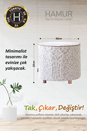 Yıkanabilir Kılıflı Puf Köşegen İskandinav Bohem Punch Orta Sehpa Koltuk Tabure Motif Ekru