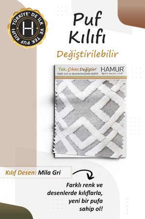 Yıkanabilir Puf Tabure Kılıfı Tak-Çıkar-Değiştir-Yenile Orta Sehpa Kılıfı 40x22 Mila Gri