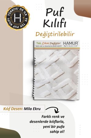 Yıkanabilir Puf Tabure Kılıfı Tak-Çıkar-Değiştir-Yenile Orta Sehpa Kılıfı 59x37x17 Mila Ekru