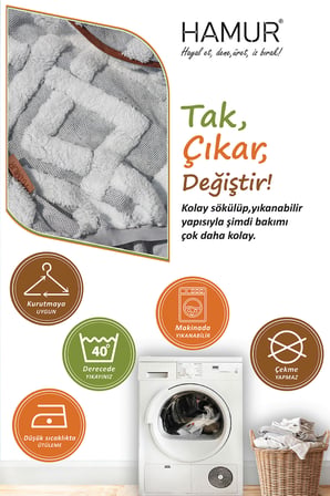 Yıkanabilir Puf Tabure Kılıfı Tak-Çıkar-Değiştir-Yenile Orta Sehpa Kılıfı 59x37x17 Mila Gri