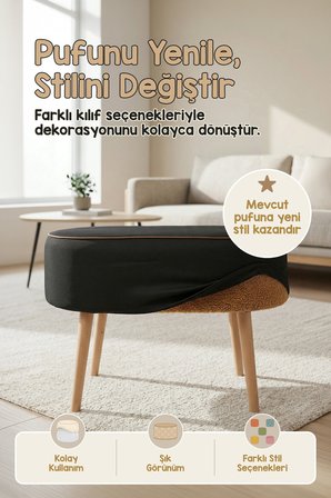 Yıkanabilir Puf Tabure Kılıfı Tak-Çıkar-Değiştir-Yenile Orta Sehpa Kılıfı 59x37x17 Meek Siyah