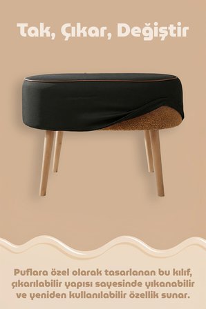 Yıkanabilir Puf Tabure Kılıfı Tak-Çıkar-Değiştir-Yenile Orta Sehpa Kılıfı 59x37x17 Meek Siyah